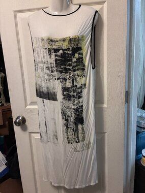 HELMUT LANG BLACK YELLOW ABSTRACT ASYMMETRICAL LONG DRESS TOP SIZE L